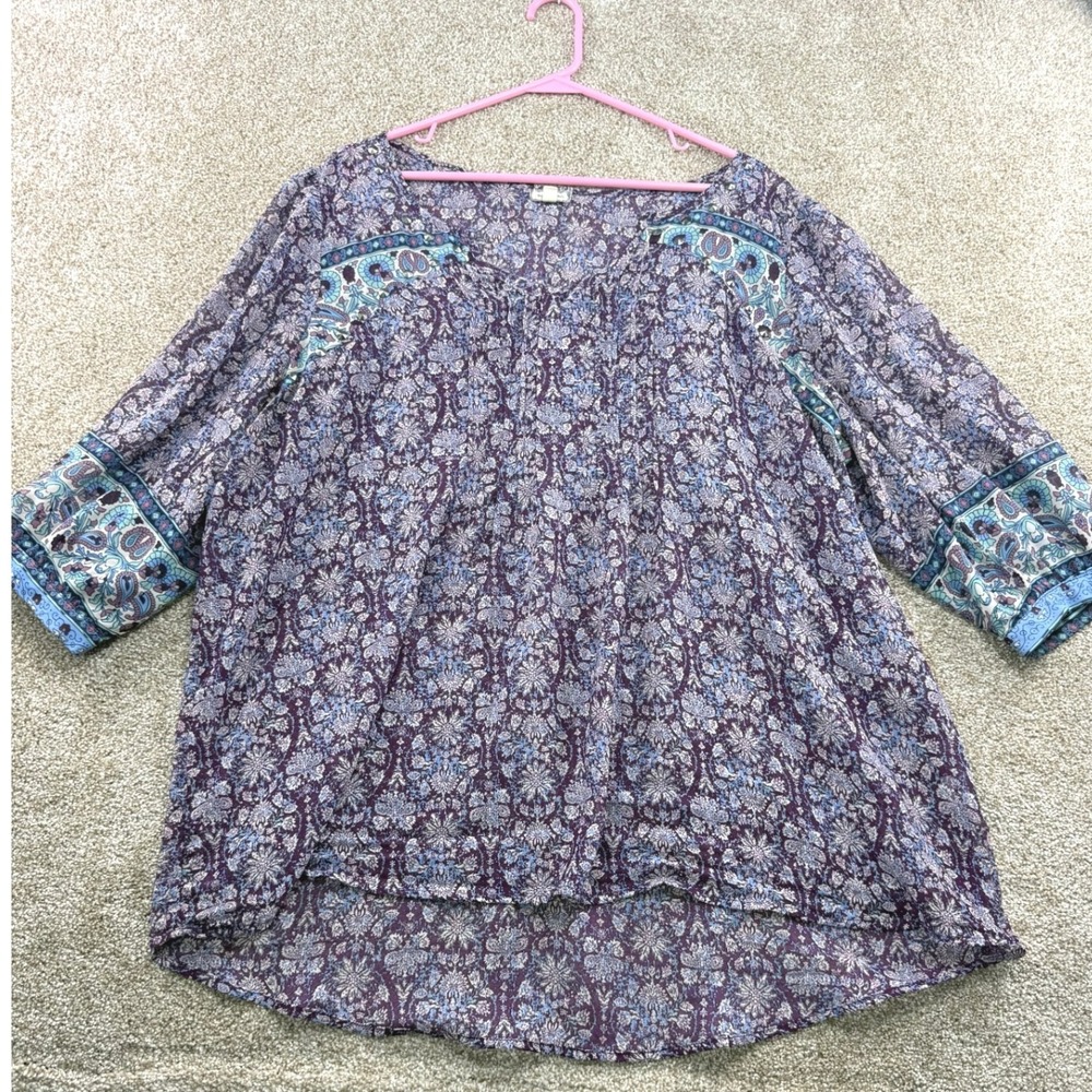 Eyeshadow Womens 1X Purple Floral Paisley Boho Studded 3/4 Sleeve Blouse‎ Boho